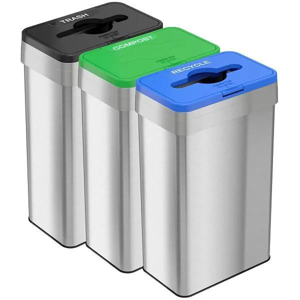 HLS Commercial 21 Gallon Stainless Steel Rectangular Open Top Trash Can / Recycle Bin / Compost Bin Set