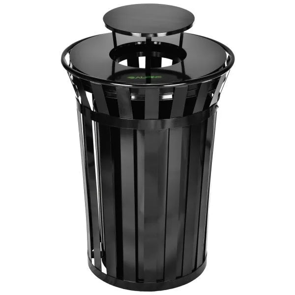 Alpine Industries Outdoor Metal Trash Can With Rain Bonnet, 38 Gallon, Black