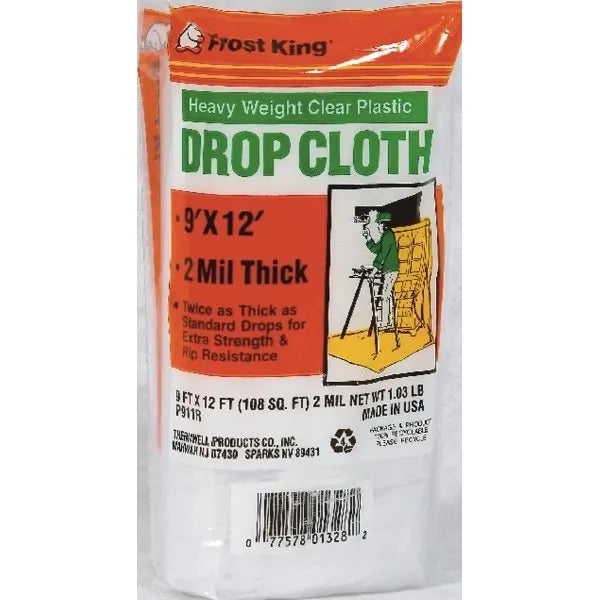 Frost King Roll Drop Cloth Plastic Sheeting, 9' W X 12' L, Clear