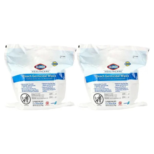 Clorox Healthcare Bleach Germicidal Wipes, 12" X 12", Refill For Bucket, 100 Count Pouch