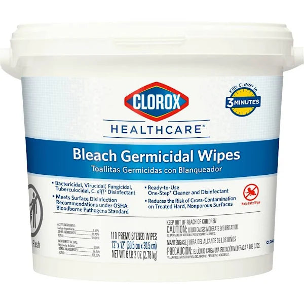 Clorox Healthcare Bleach Germicidal Wipes Bucket, 12" X 12", 110 Count Bucket