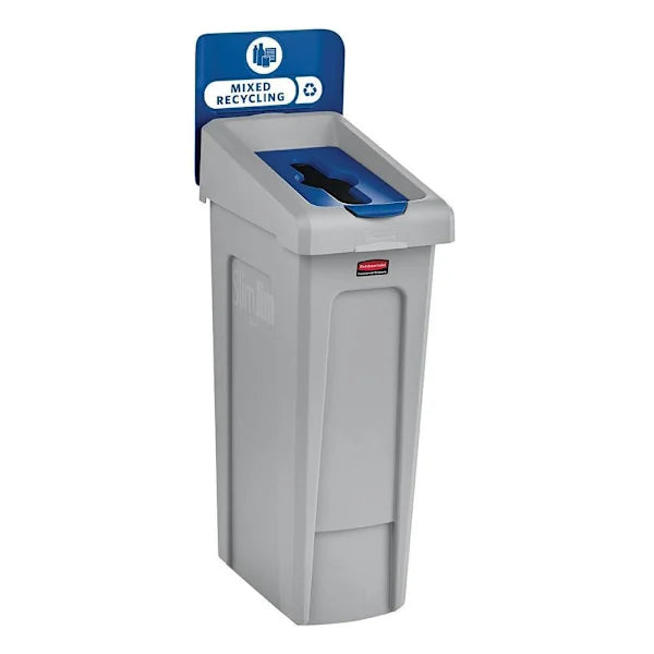 Rubbermaid Commercial Slim Jim 23 Gal. 1-Stream Mixed Recycling Bin For Recycling Station, Gray And Blue