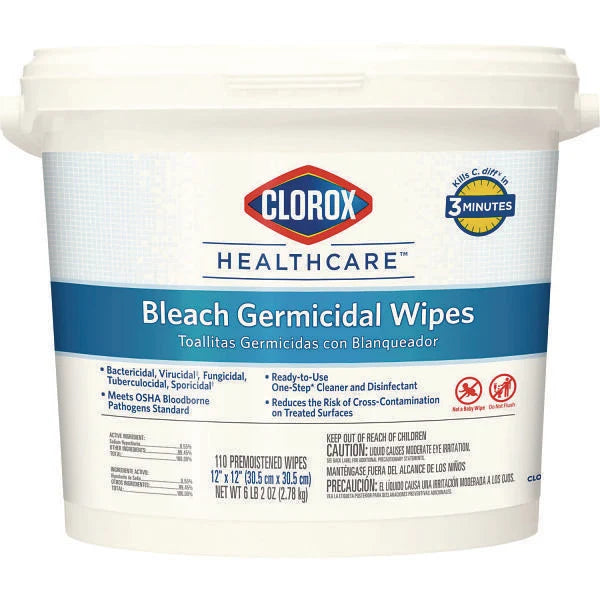 Bleach Germicidal Wipes, 1-Ply, 12 X 12, Unscented, White, 110/Bucket