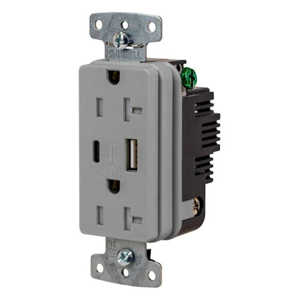 Hubbell PRO 20 Amp USB Duplex Receptacle, Type A / C, Gray