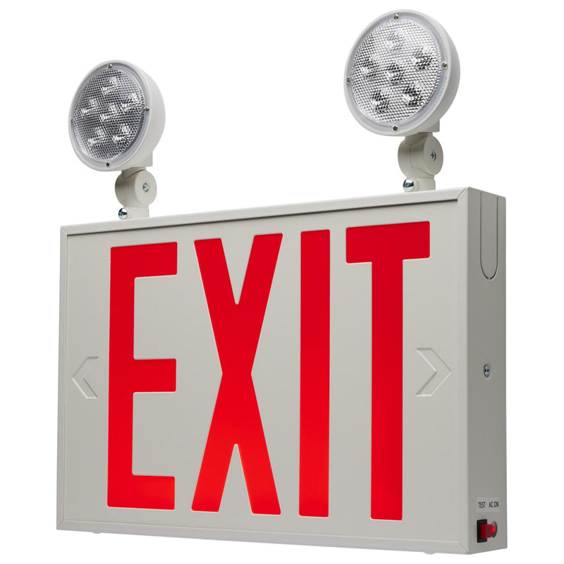 Combination Red Exit Sign/Emergency Light, 90min Ni-Cad backup, 120-277V, Single/Dual Face, Universal Mounting, Steel/NYC