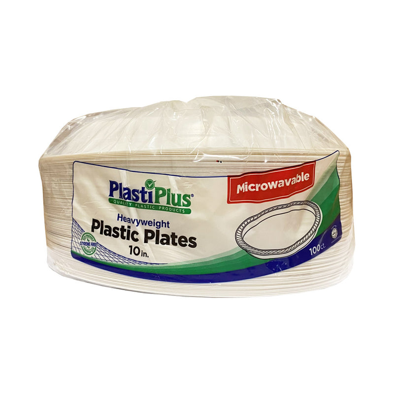 PPP10-100 Plasti Plus White 10" Heavy Weight Microwavable Plastic Plate 4/100 cs