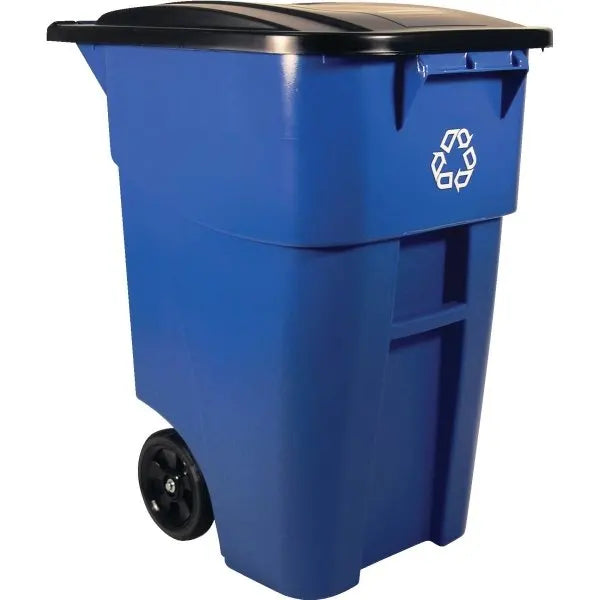 Rubbermaid Commercial 50 Gal Blue Rectangular Recycling Rollout Container W/ Lid